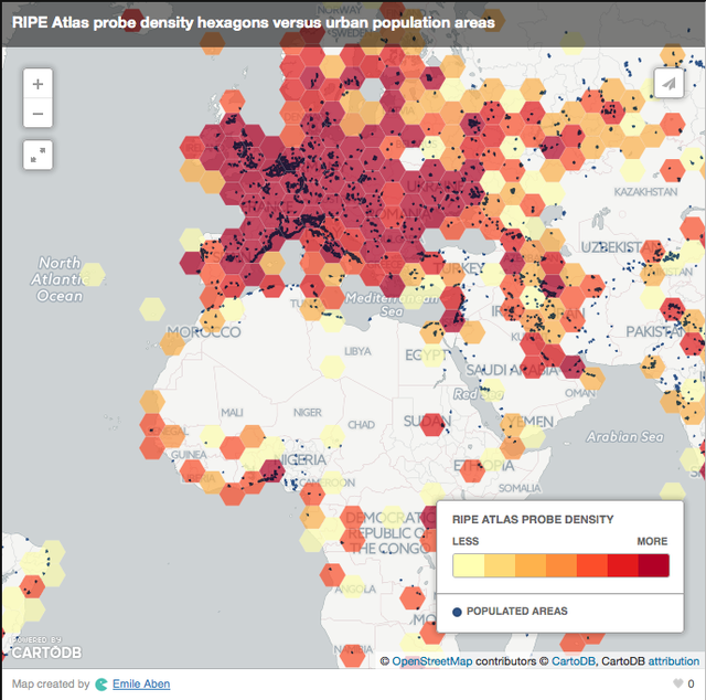 RIPE Atlas probe density hexagons versus urban population areas