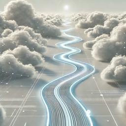DALL·E 2024-07-10 15.48.57 - A futuristic minimalist digital pathway winding through fluffy clouds, with glowing lines and a sleek, modern design, no human features, white backgro