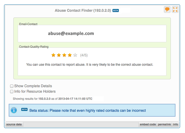 example of a result for RIPEstat's Abuse Contact Finder