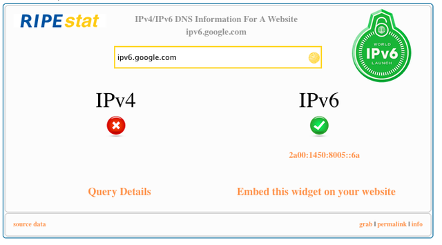 RIPEstat DNS IPv6 Launch widget - v6 only