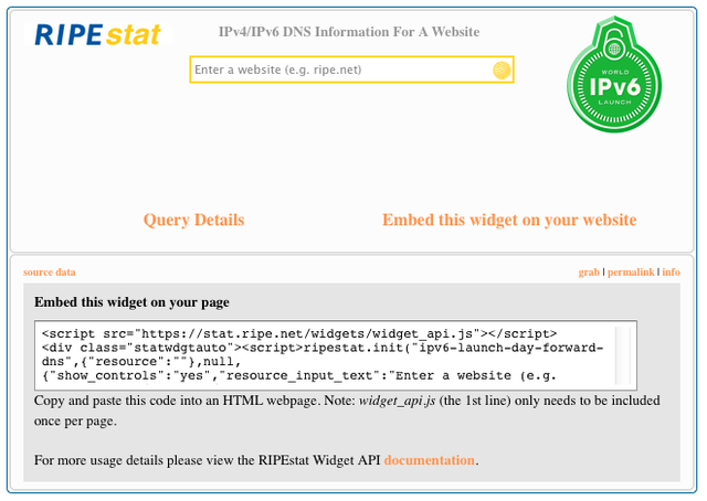 RIPEstat DNS IPv6 Launch widget - grab expanded