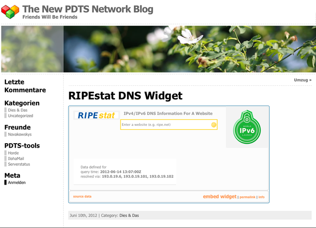 RIPEstat DNS IPv6 Launch widget on The New PDTS Network Blog