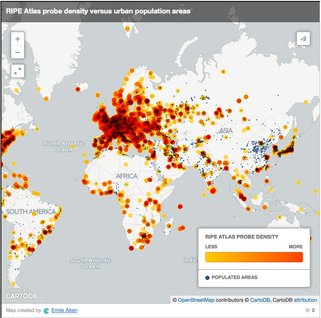RIPE Atlas probe density versus urban population areas