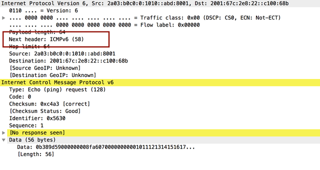 image: wireshark screenshot indicating the next header after the IPv6 header is ICMP6