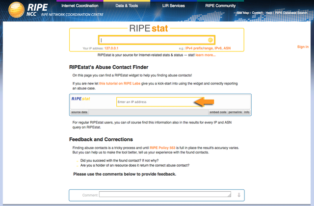 RIPEstat's abuse contact page