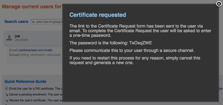 Indentify certificate enrollment started, one-time password is displayed