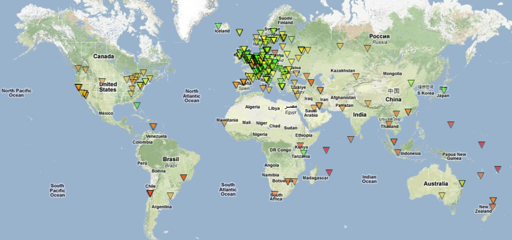 RTT map for k-root (World)